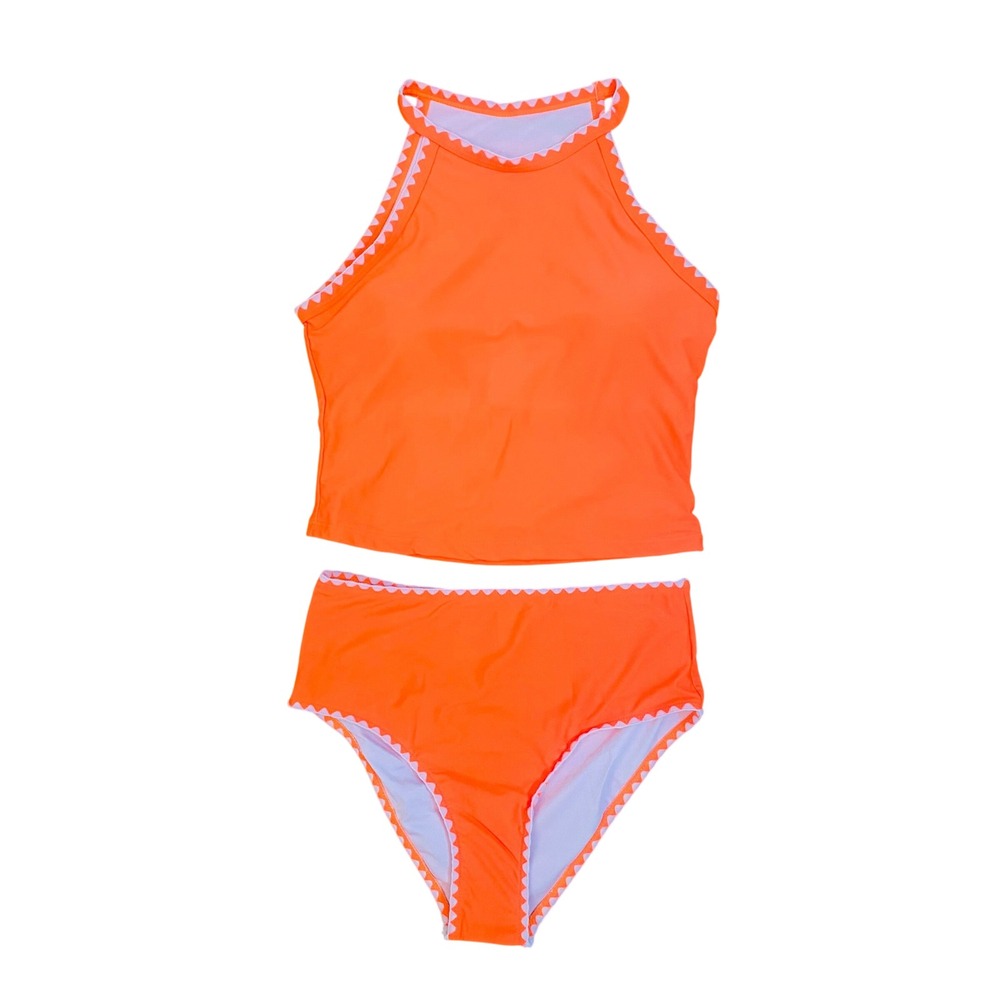 Beachsissi Womens Neon Orange Scallop Trim High Neck High Waist Bikini Set Small
